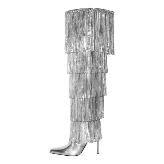 Pointed Toe Stiletto Fringe Metallic Over The Knee Boots - Onlymaker