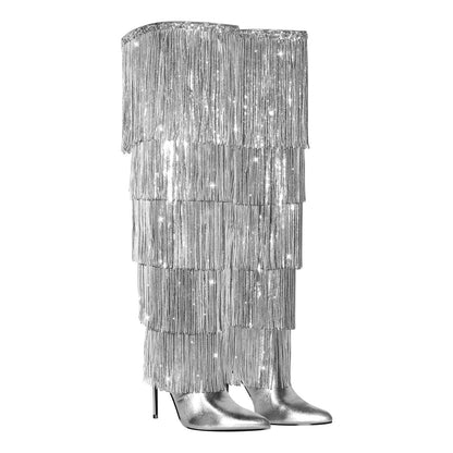 Pointed Toe Stiletto Fringe Metallic Over The Knee Boots - Onlymaker