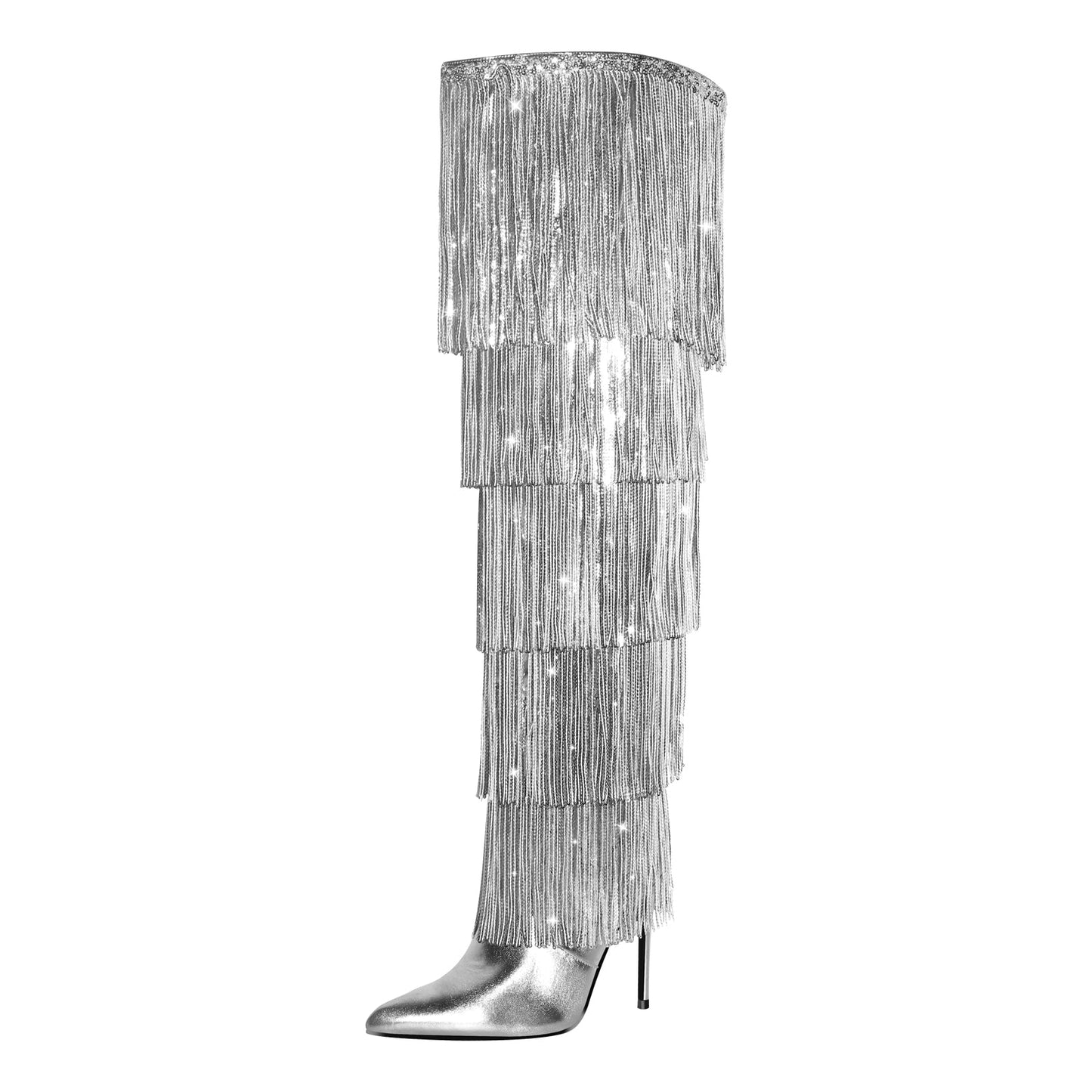 Pointed Toe Stiletto Fringe Metallic Over The Knee Boots - Onlymaker