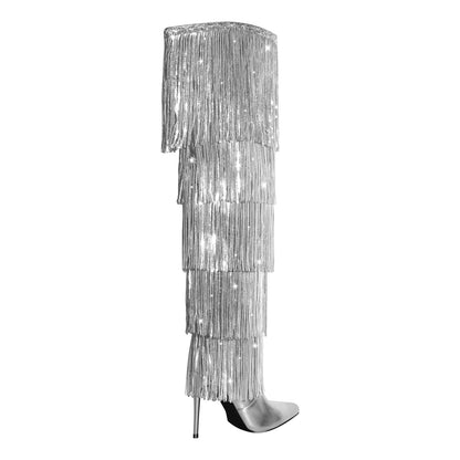 Pointed Toe Stiletto Fringe Metallic Over The Knee Boots - Onlymaker