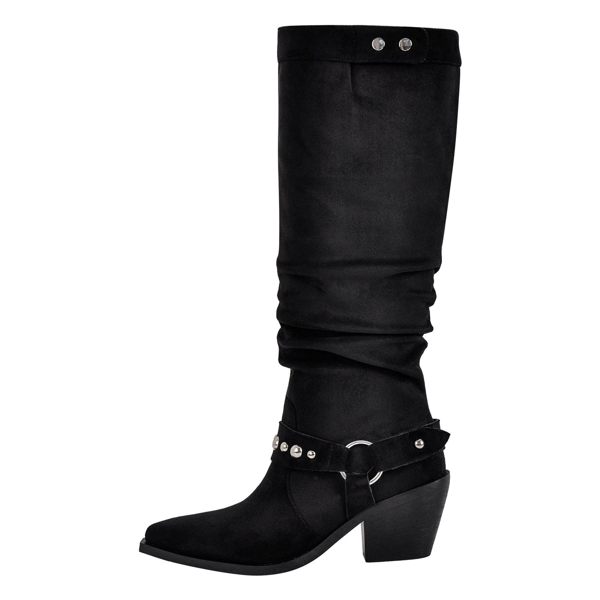 Pointed Toe Rivet Belt Pleated Knee High Boots - Onlymaker