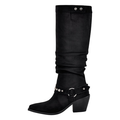 Pointed Toe Rivet Belt Pleated Knee High Boots - Onlymaker
