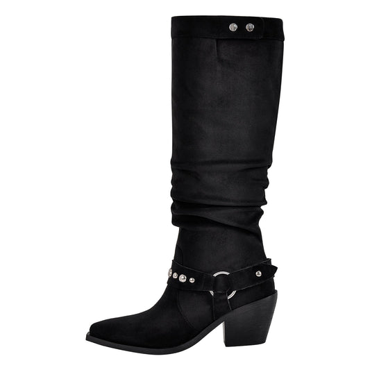 Pointed Toe Rivet Belt Pleated Knee High Boots - Onlymaker