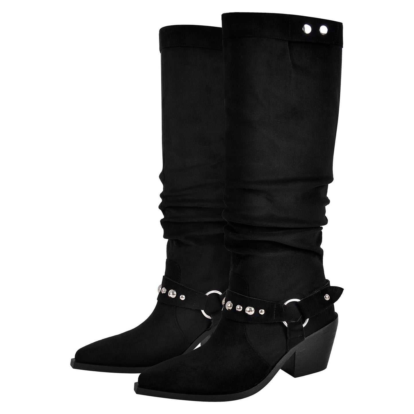 Pointed Toe Rivet Belt Pleated Knee High Boots - Onlymaker