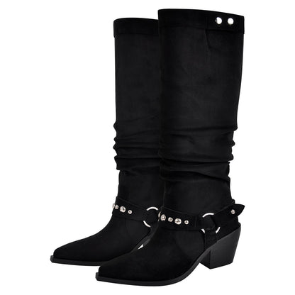 Pointed Toe Rivet Belt Pleated Knee High Boots - Onlymaker