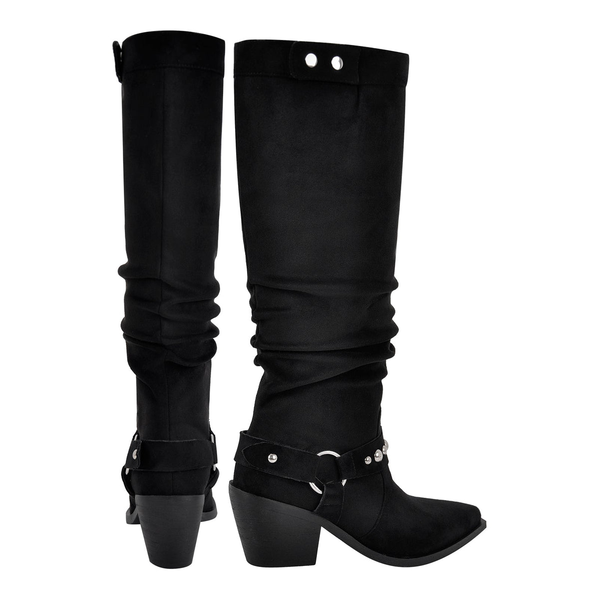 Pointed Toe Rivet Belt Pleated Knee High Boots - Onlymaker