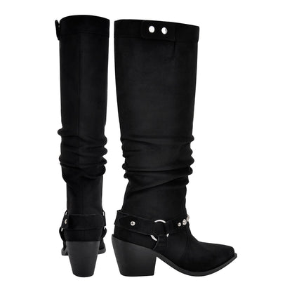 Pointed Toe Rivet Belt Pleated Knee High Boots - Onlymaker