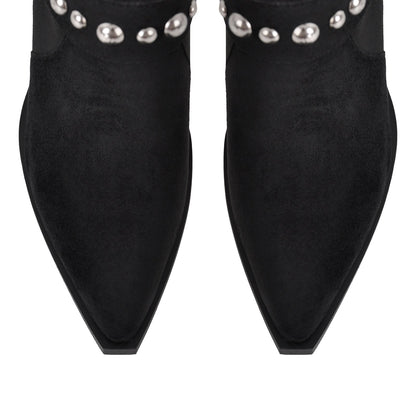 Pointed Toe Rivet Belt Pleated Knee High Boots - Onlymaker