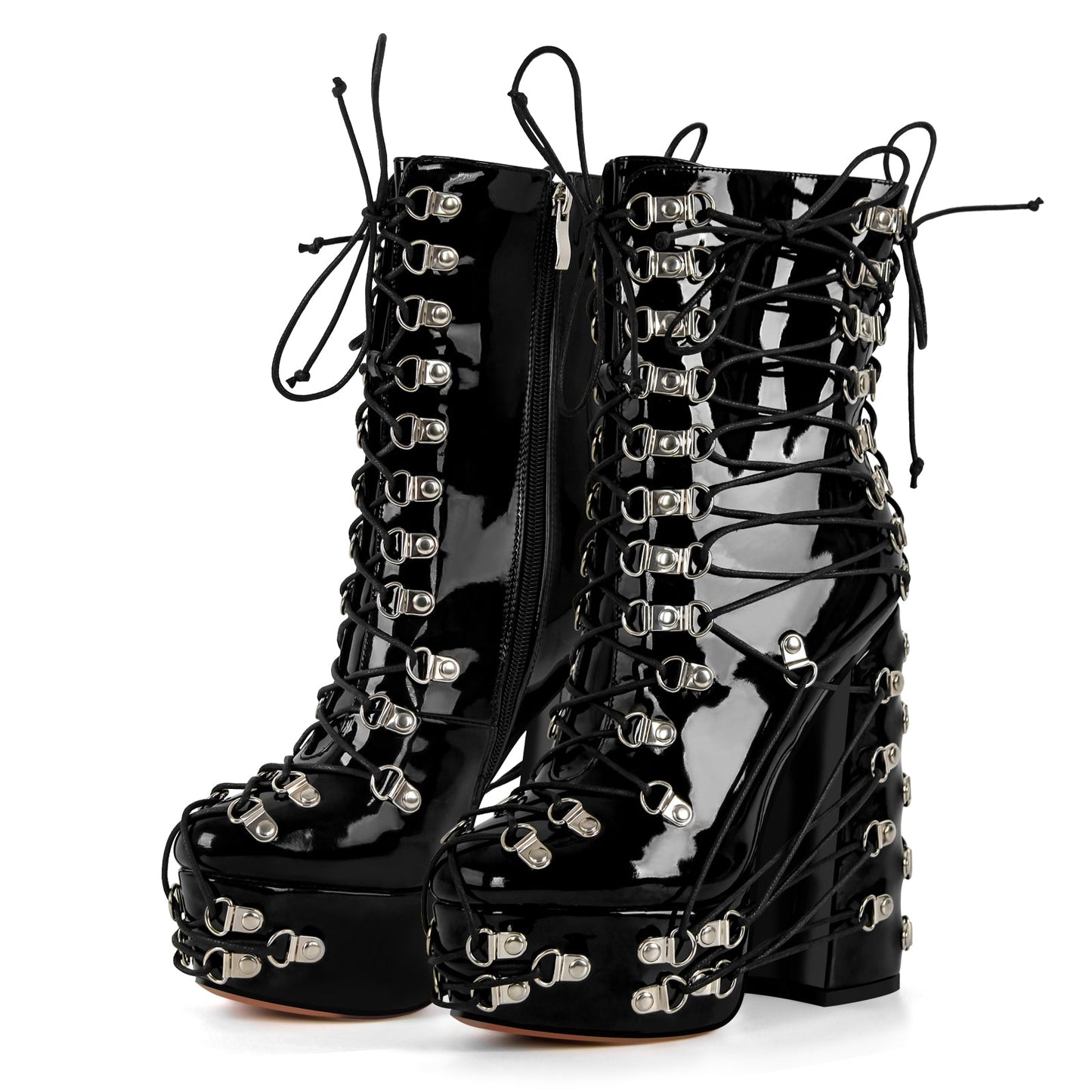 Platform Metal Buckles Lace-up Chunky Heel Ankle Boots - Onlymaker