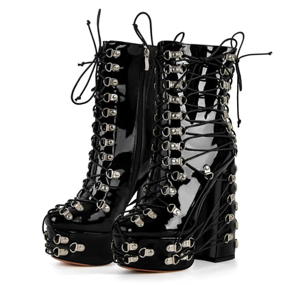 Platform Metal Buckles Lace-up Chunky Heel Ankle Boots - Onlymaker