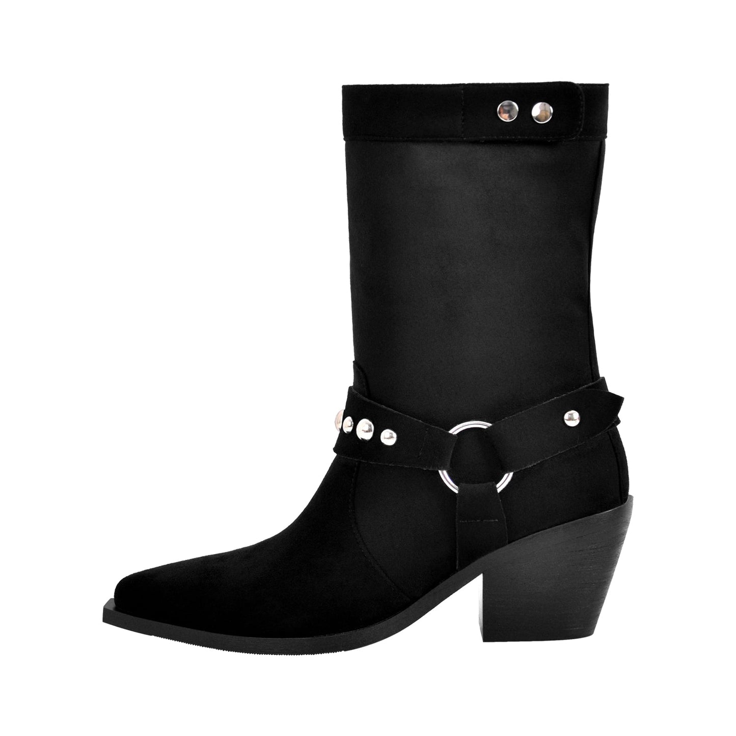 Rivet Pointed Toe Suede Western Ankle Boots - Onlymaker