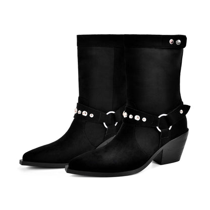 Rivet Pointed Toe Suede Western Ankle Boots - Onlymaker
