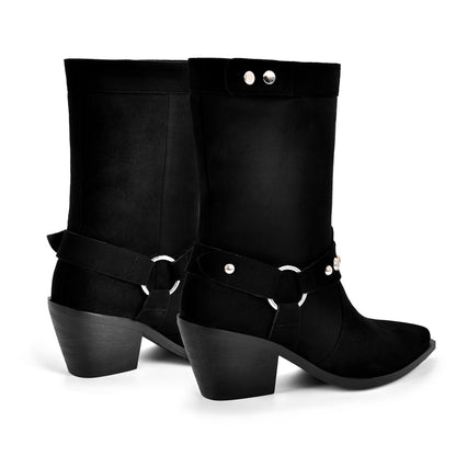 Rivet Pointed Toe Suede Western Ankle Boots - Onlymaker