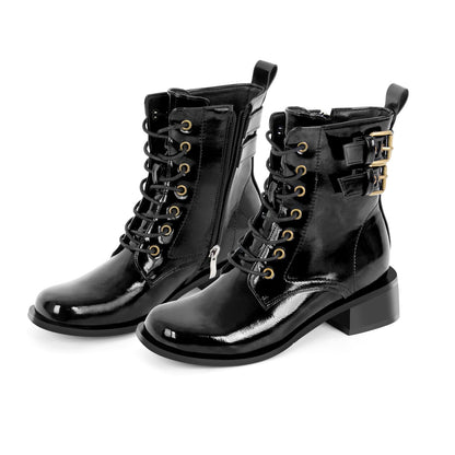 Square Toe Buckle Chunky Heel Ankle Boots - Onlymaker