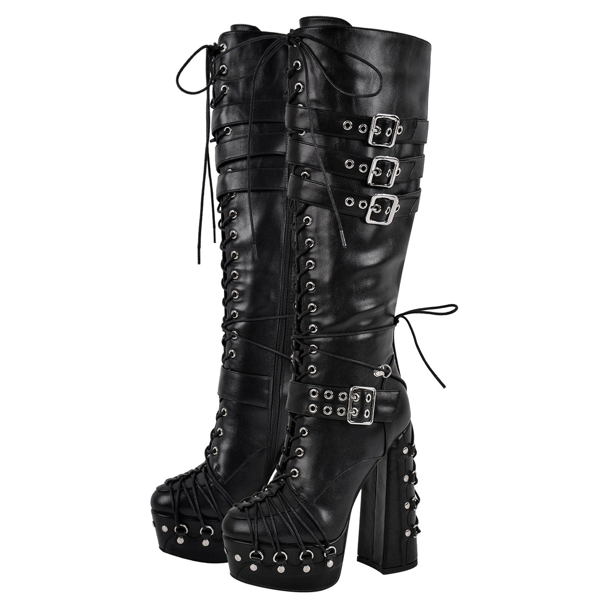 Buckle Lace-up Platform Knee High Boots - Onlymaker