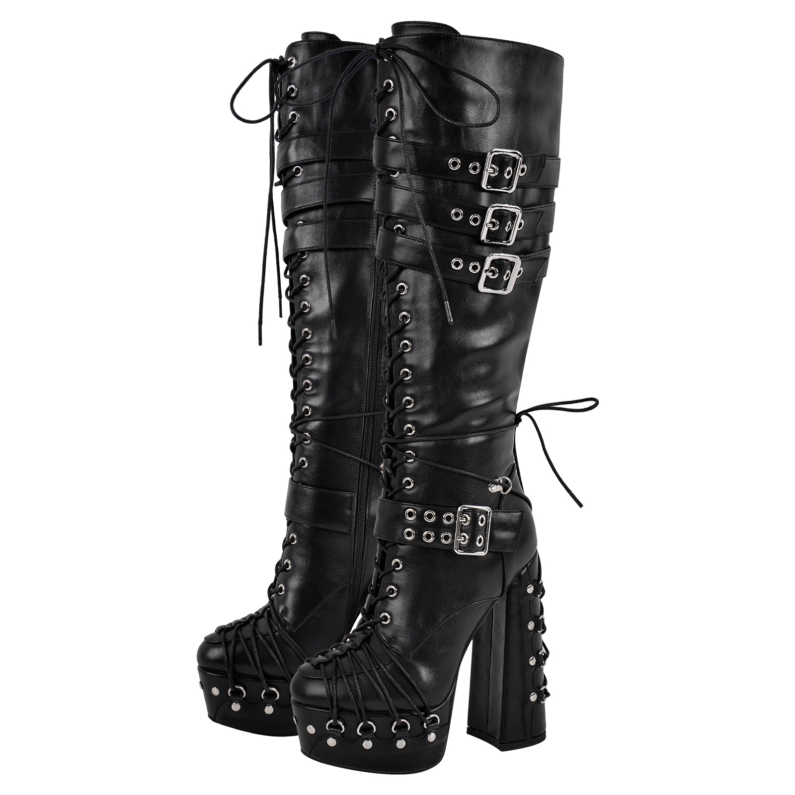 Buckle Lace-up Platform Knee High Boots - Onlymaker