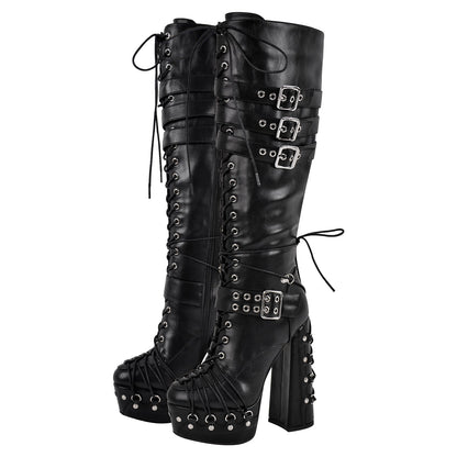 Buckle Lace-up Platform Knee High Boots - Onlymaker