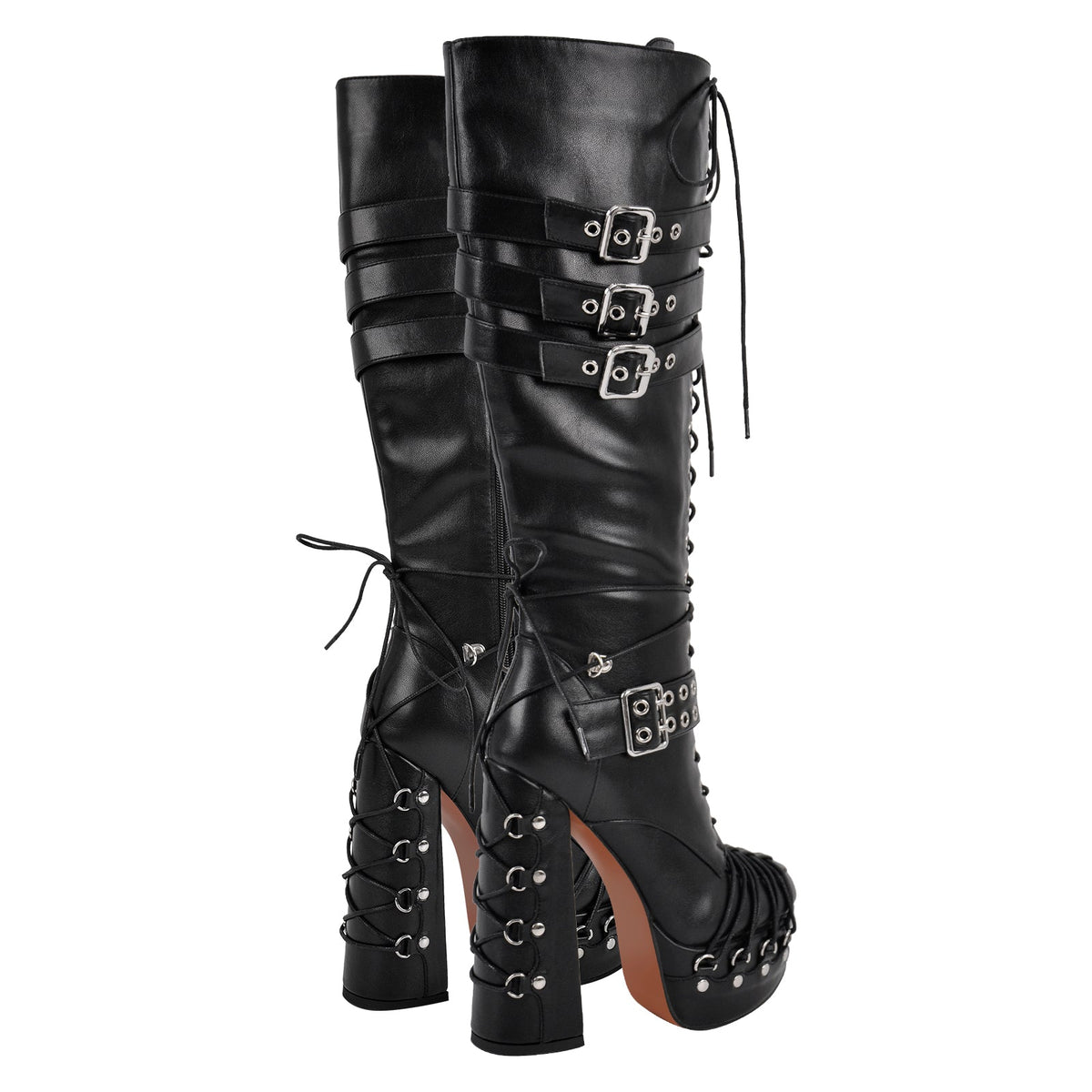 Buckle Lace-up Platform Knee High Boots - Onlymaker