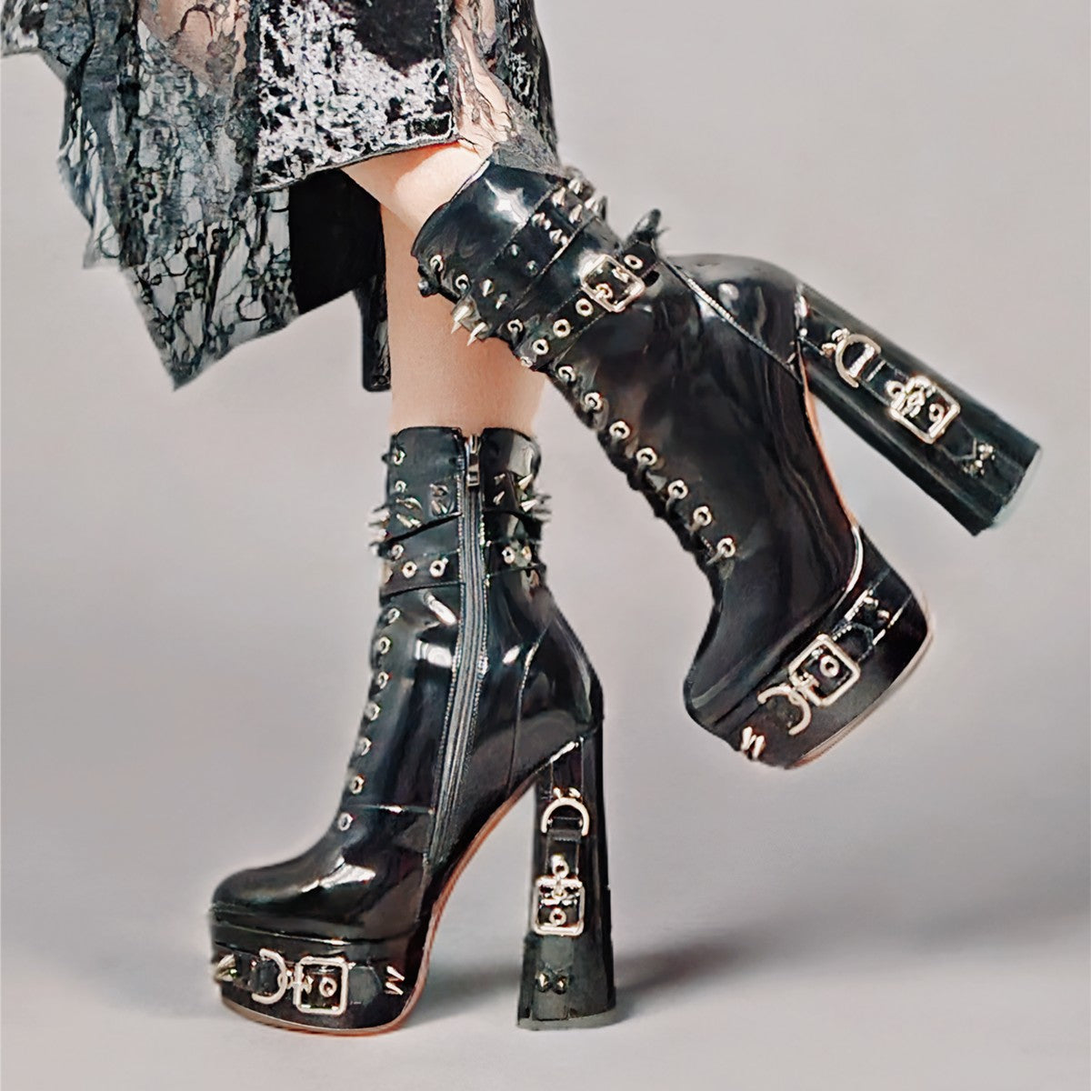 Rivet Belt Buckle Platform Lace-up Chunky Heel Boots - Onlymaker