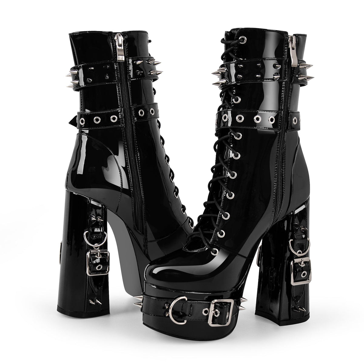 Rivet Belt Buckle Platform Lace-up Chunky Heel Boots - Onlymaker