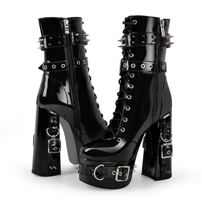 Rivet Belt Buckle Platform Lace-up Chunky Heel Boots - Onlymaker