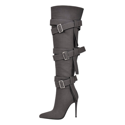 Pointed Toe Buckle Strap Over The Knee Boots - Onlymaker