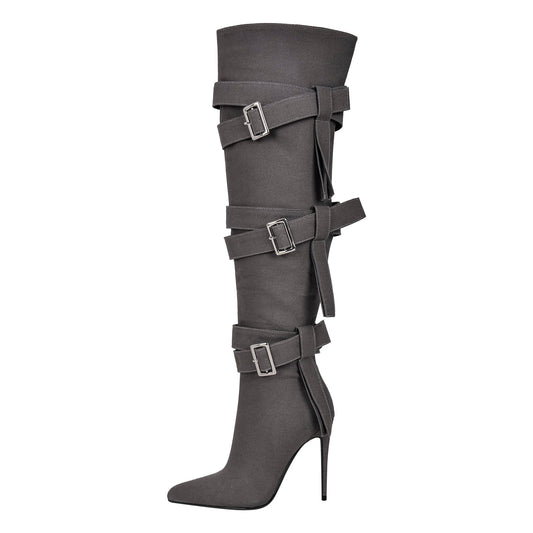 Pointed Toe Buckle Strap Over The Knee Boots - Onlymaker