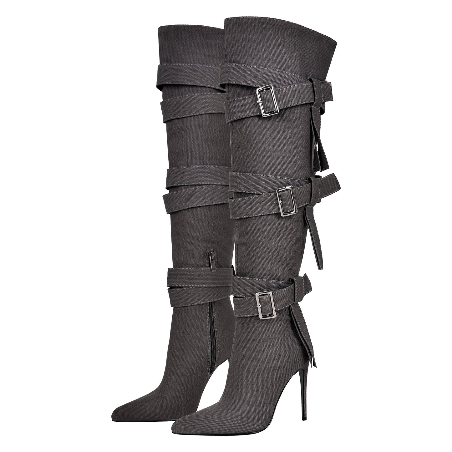 Pointed Toe Buckle Strap Over The Knee Boots - Onlymaker