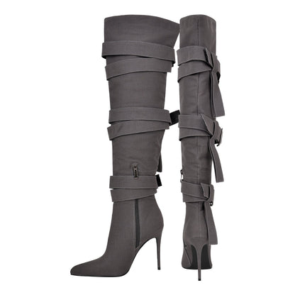 Pointed Toe Buckle Strap Over The Knee Boots - Onlymaker