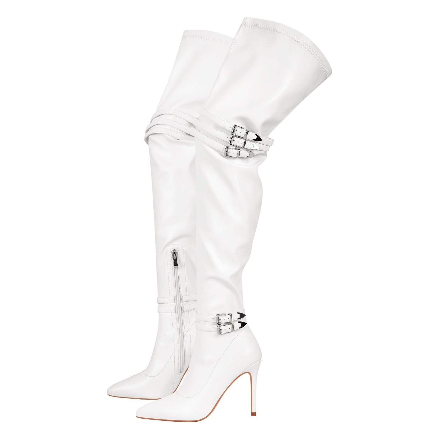 Pointed Toe Stiletto Buckle Over The Knee Boots - Onlymaker