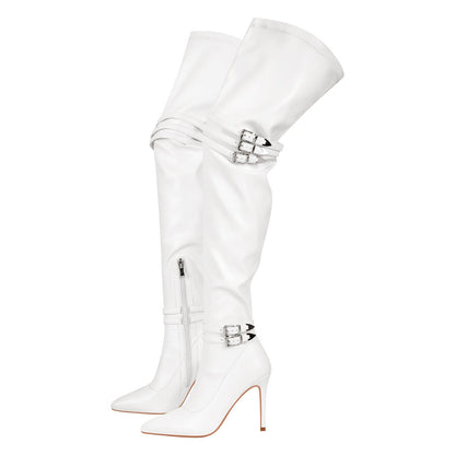 Pointed Toe Stiletto Buckle Over The Knee Boots - Onlymaker