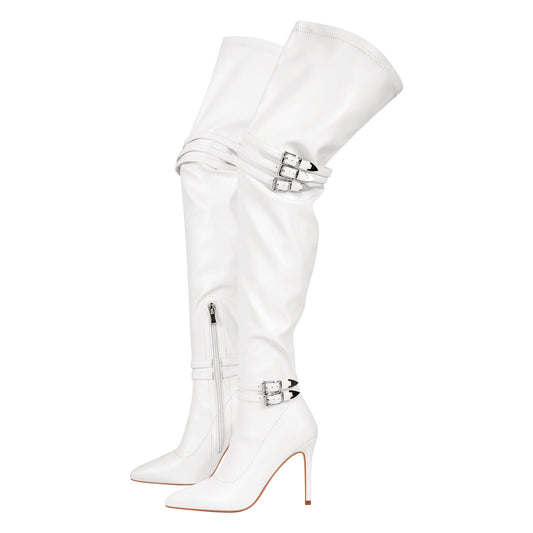Pointed Toe Stiletto Buckle Over The Knee Boots - Onlymaker