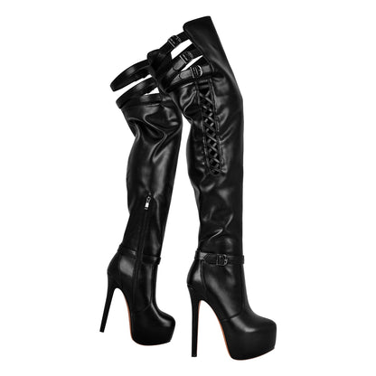 Round Toe Stiletto Platform Over The Knee Buckle Boots - Onlymaker