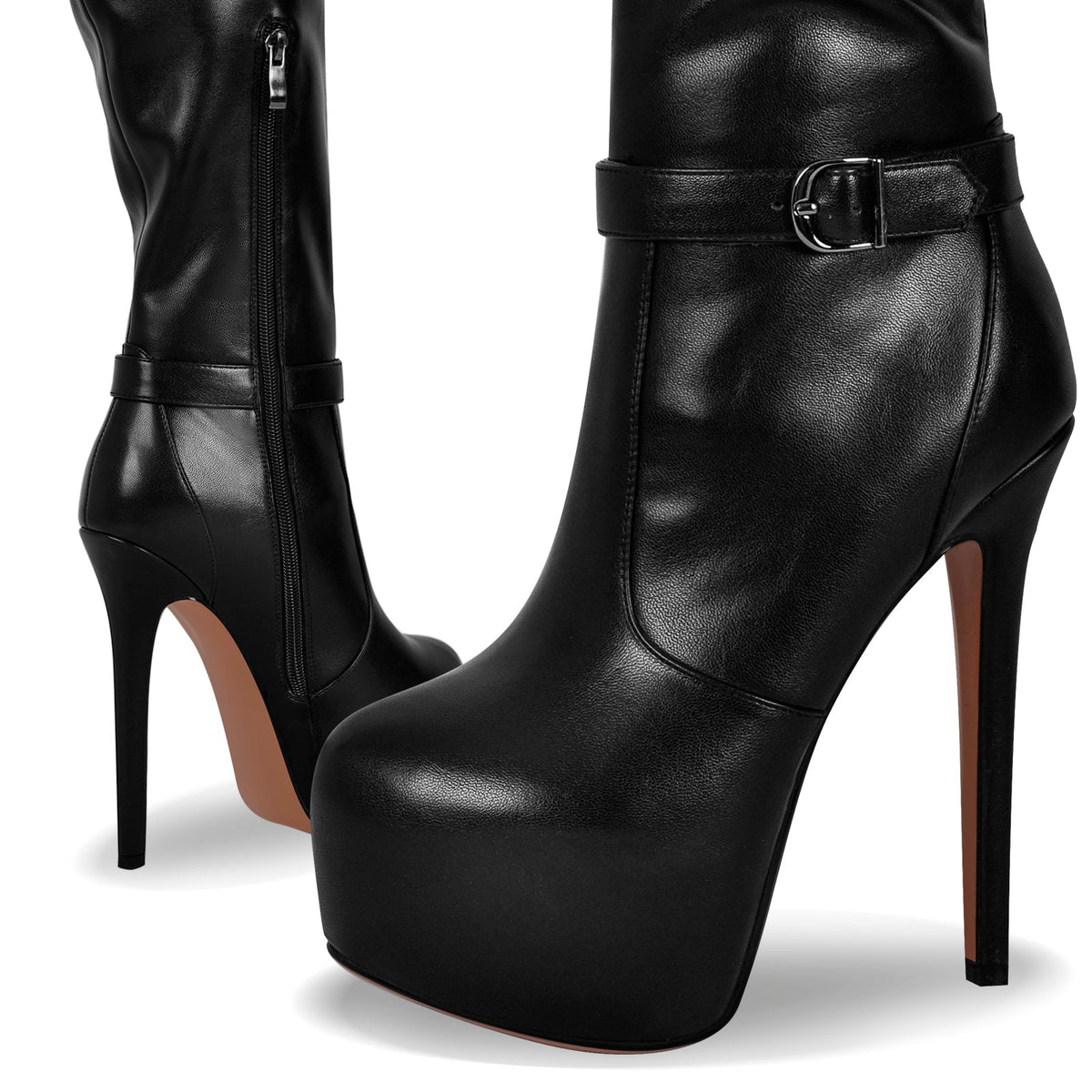 Round Toe Stiletto Platform Over The Knee Buckle Boots - Onlymaker