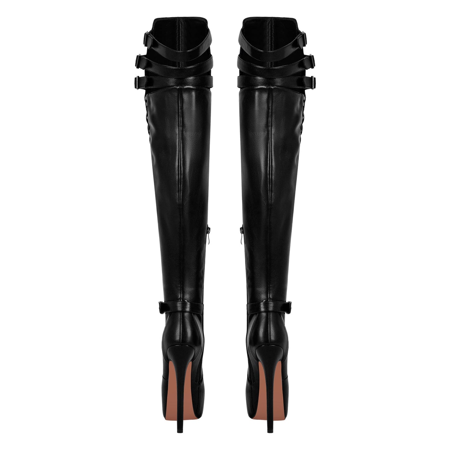 Round Toe Stiletto Platform Over The Knee Buckle Boots - Onlymaker