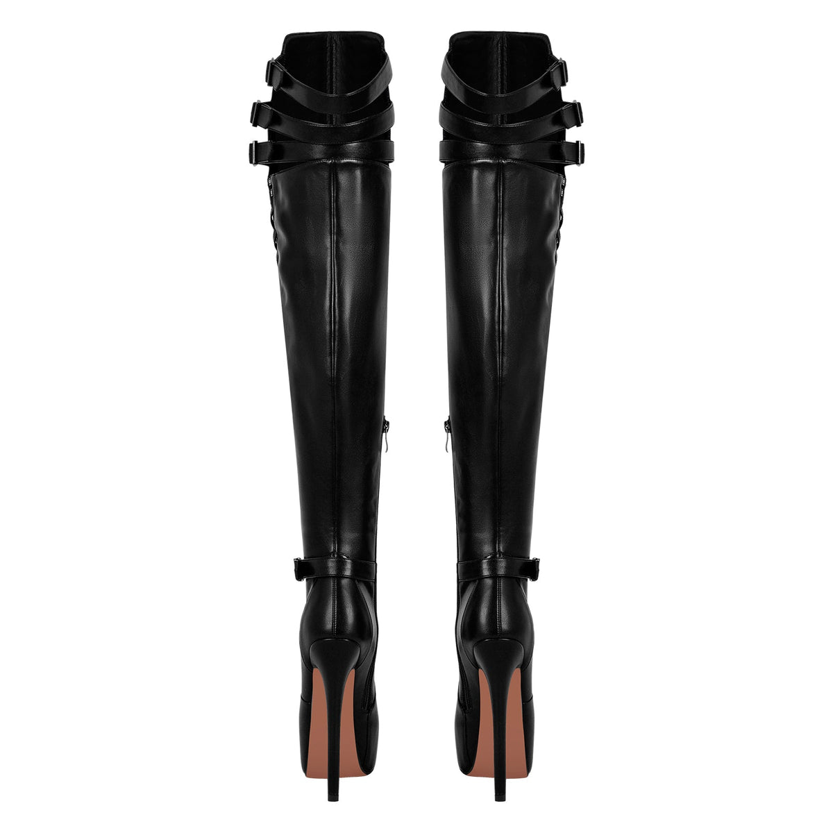 Round Toe Stiletto Platform Over The Knee Buckle Boots - Onlymaker