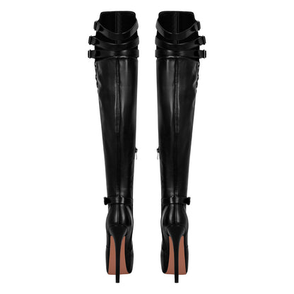 Round Toe Stiletto Platform Over The Knee Buckle Boots - Onlymaker