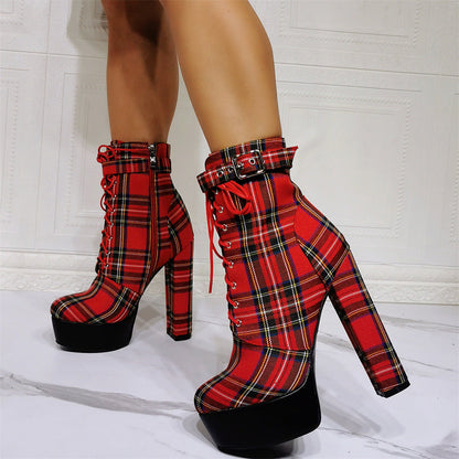 Chunky Heel Plaid Ankle Boots - Onlymaker