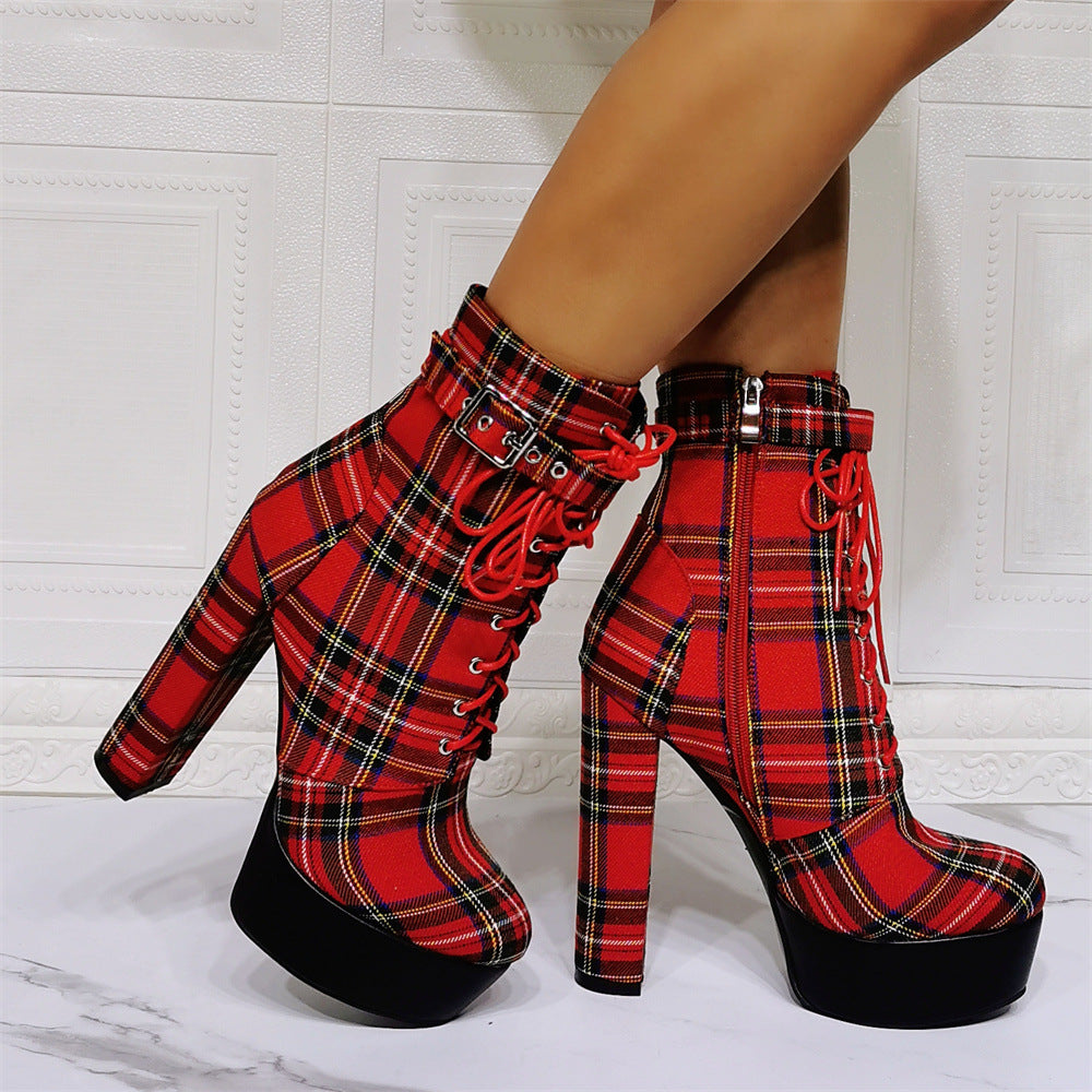 Chunky Heel Plaid Ankle Boots - Onlymaker