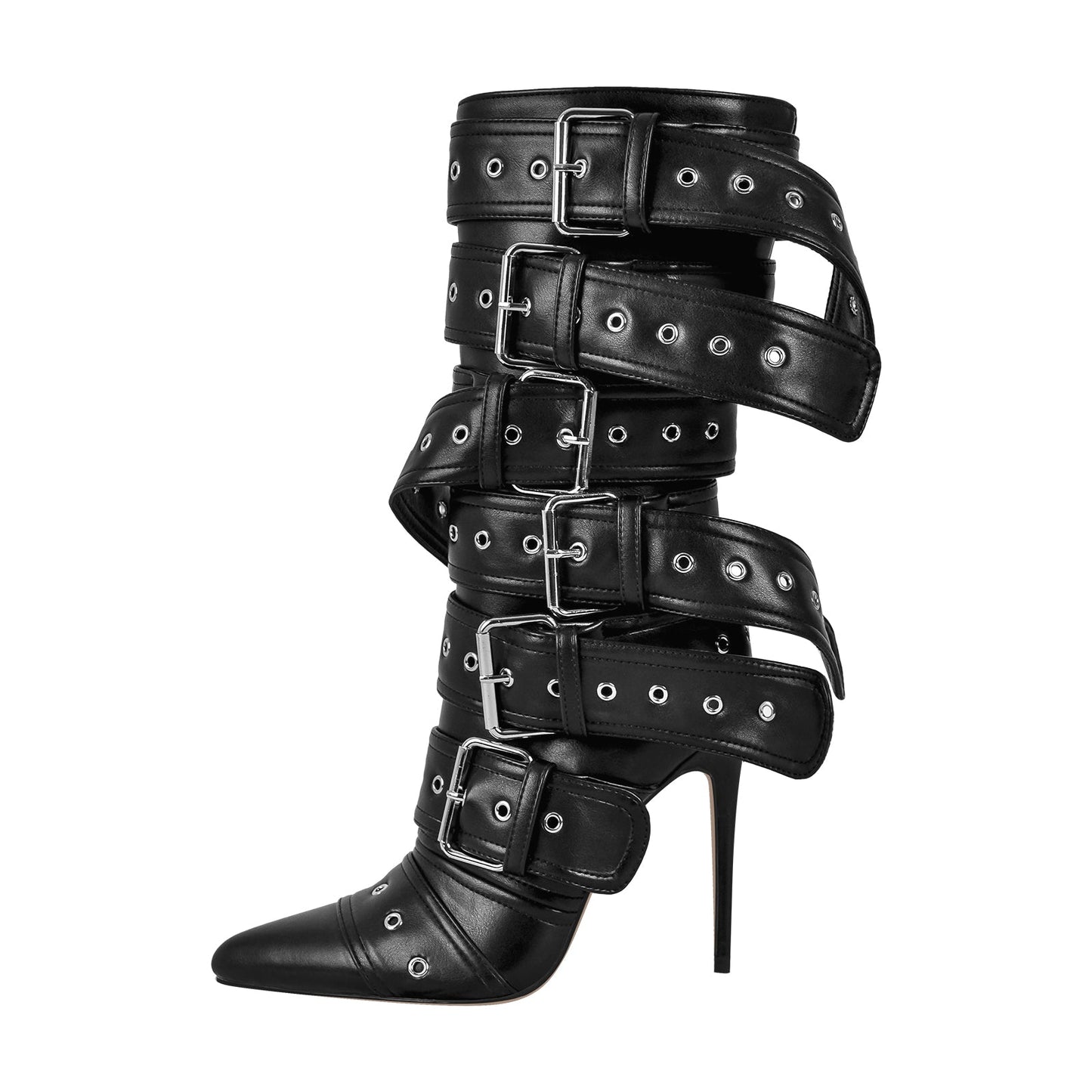 Metallic Pointed Toe Buckles Stiletto Ankle Boots - Onlymaker
