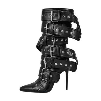 Metallic Pointed Toe Buckles Stiletto Ankle Boots - Onlymaker