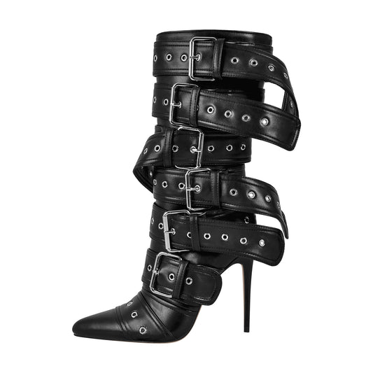 Metallic Pointed Toe Buckles Stiletto Ankle Boots - Onlymaker