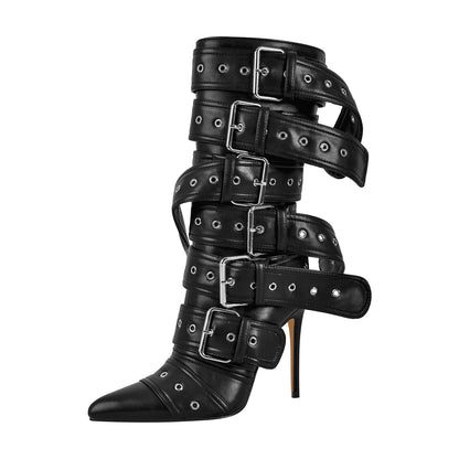 Metallic Pointed Toe Buckles Stiletto Ankle Boots - Onlymaker