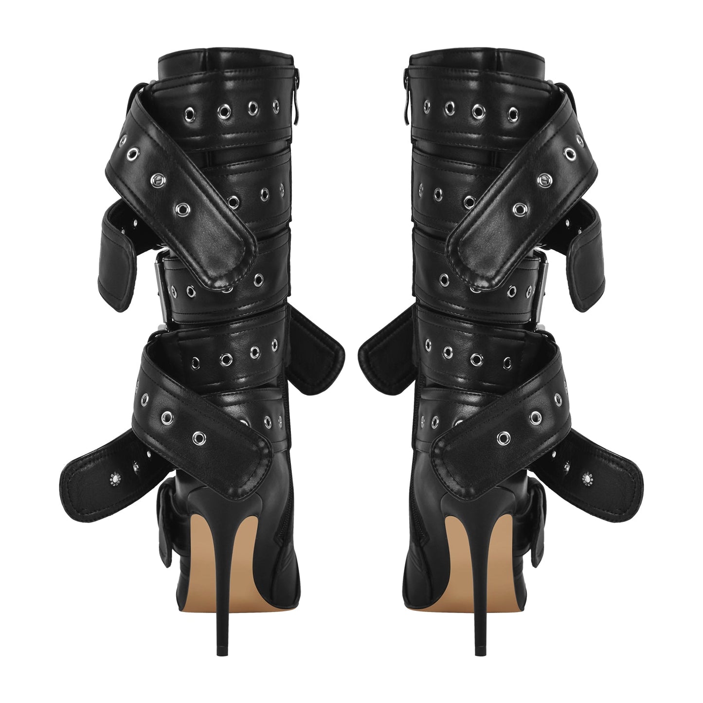 Metallic Pointed Toe Buckles Stiletto Ankle Boots - Onlymaker