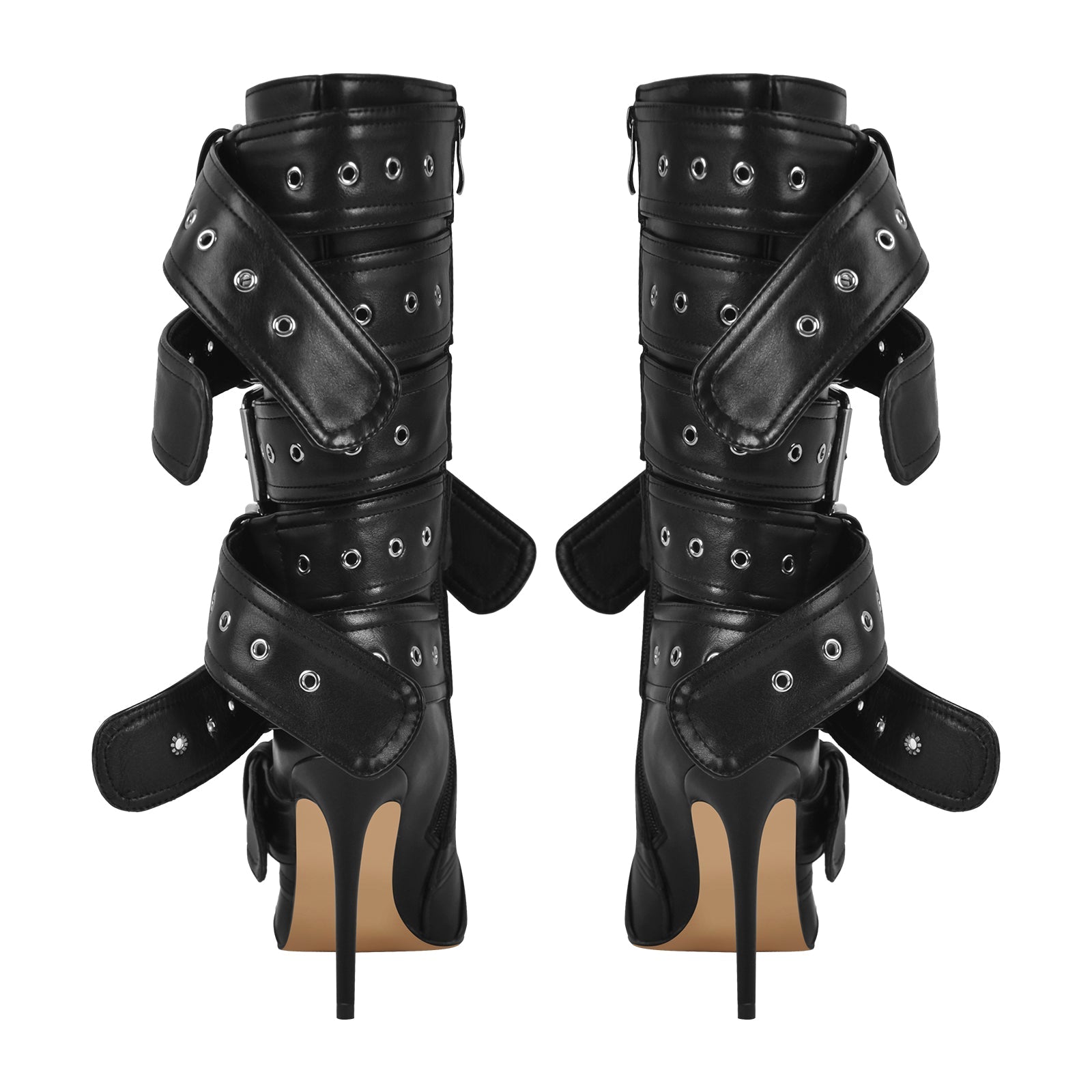 Metallic Pointed Toe Buckles Stiletto Ankle Boots - Onlymaker
