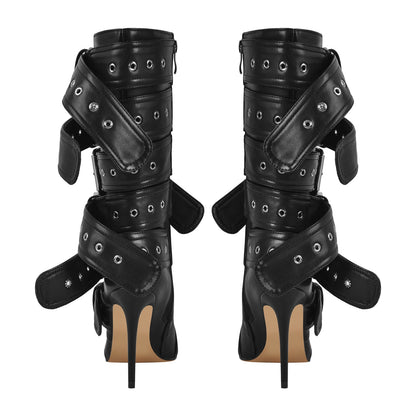 Metallic Pointed Toe Buckles Stiletto Ankle Boots - Onlymaker