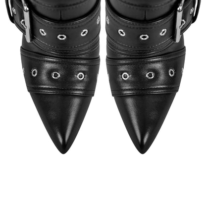 Metallic Pointed Toe Buckles Stiletto Ankle Boots - Onlymaker
