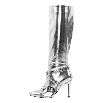 Straps Knee High Metallic Color Boots - Onlymaker