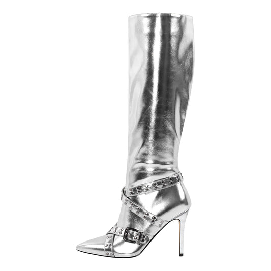 Straps Knee High Metallic Color Boots - Onlymaker