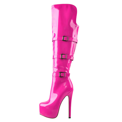 Round Toe Platform Over The Knee Rose Red Boots - Onlymaker